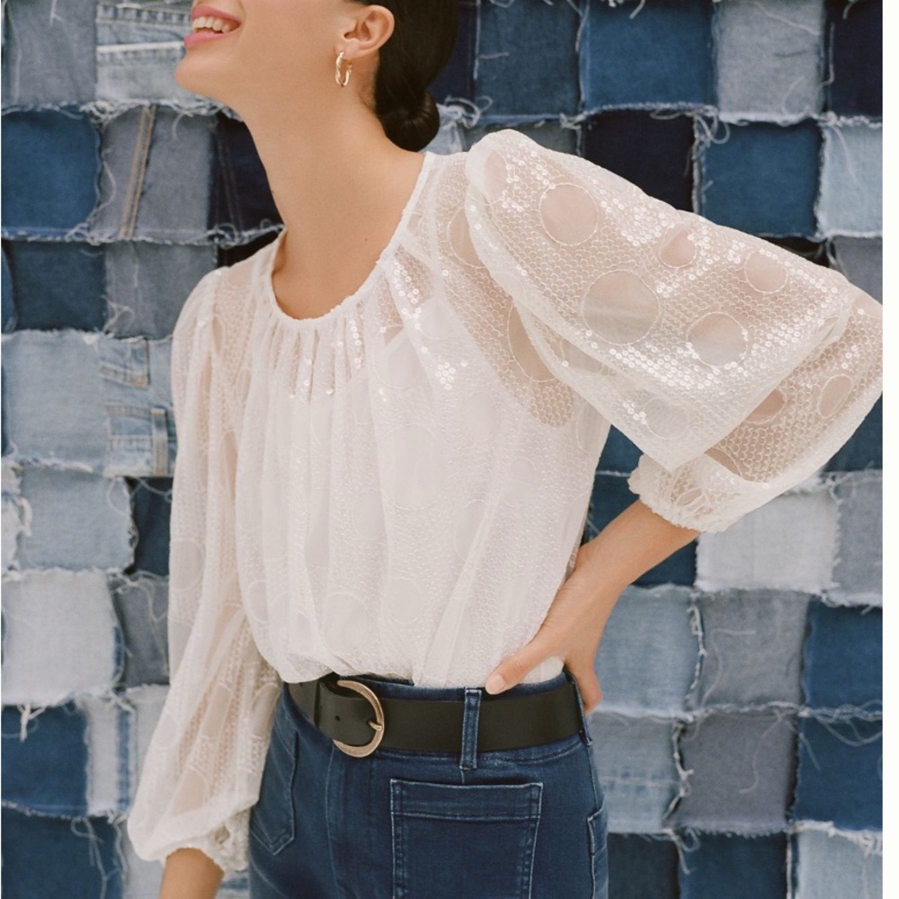 Anthropologie Eva Franco Cream Puff Sleeve Ruffled Blouse